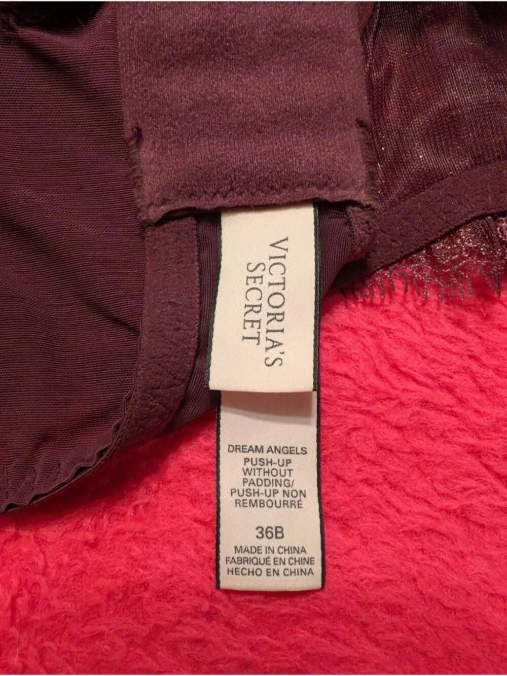 Victorias Secret Womens 36B Plum Lace Dream Angels Push Up Unlined Bra 357833